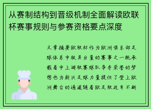 从赛制结构到晋级机制全面解读欧联杯赛事规则与参赛资格要点深度