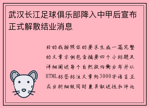 武汉长江足球俱乐部降入中甲后宣布正式解散结业消息