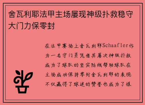 舍瓦利耶法甲主场屡现神级扑救稳守大门力保零封